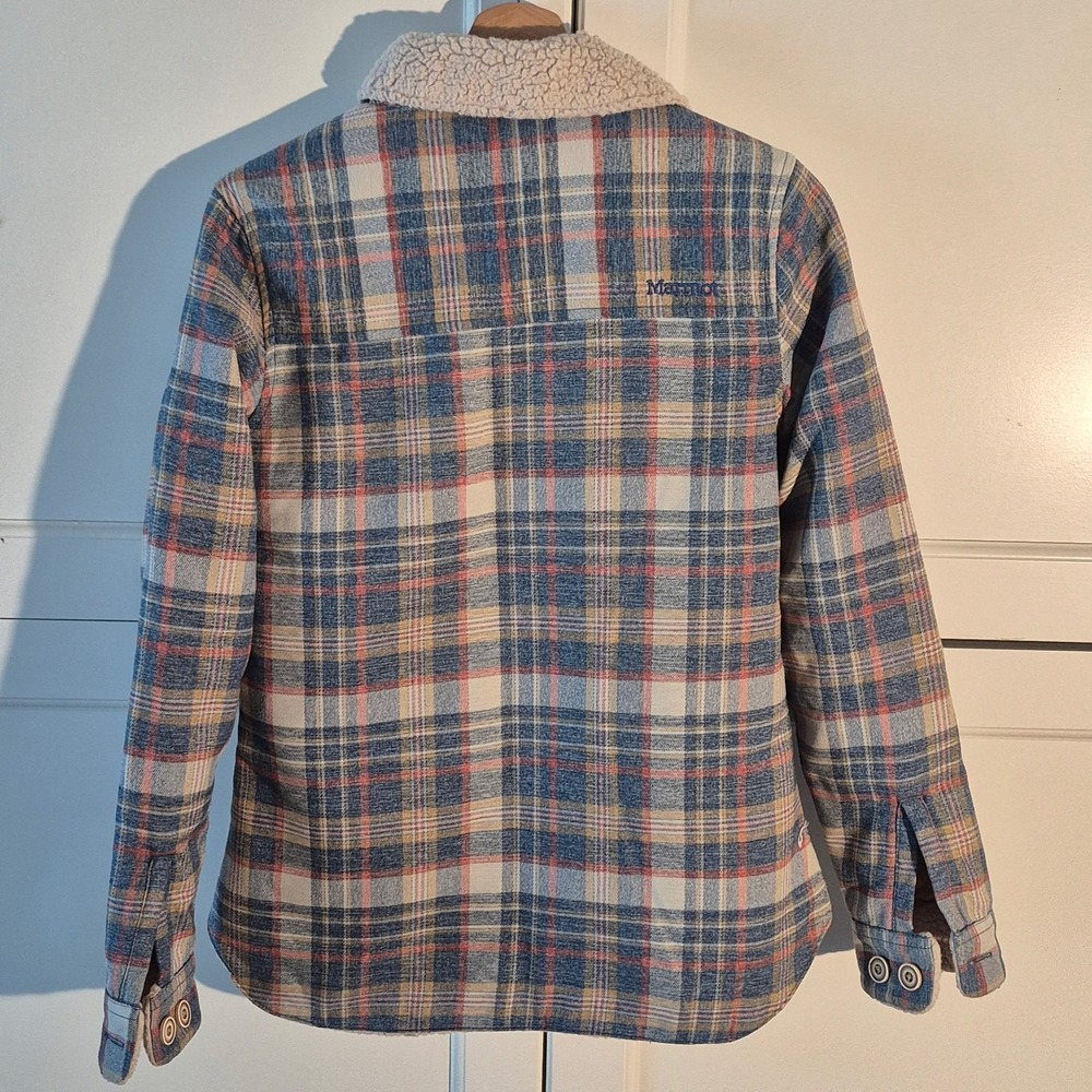 Marmot Womens Sherpa Lined Flannel Jacket Plaid Blue Orange Small - Picture 2 of 5